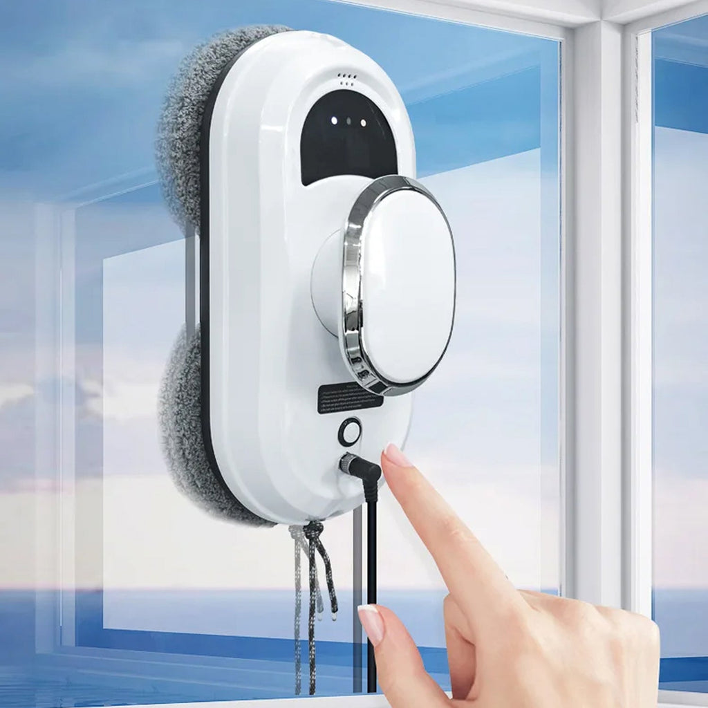 RelleBont Robot Window Cleaner with a hand pressing a button against a window background