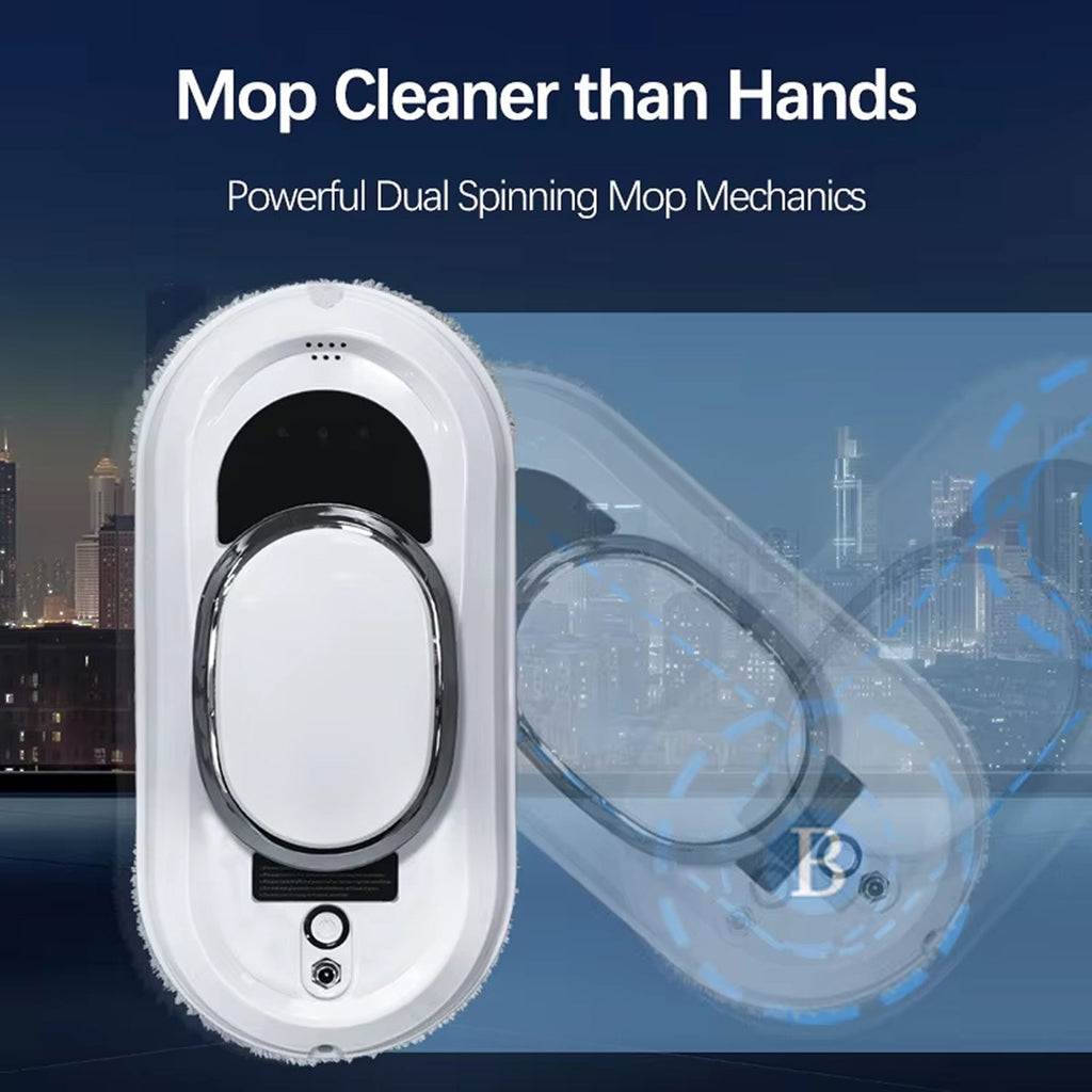 Mop RelleBont Robot Window Cleaner with cityscape background and text about powerful dual spinning mop mechanics.