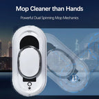 Mop RelleBont Robot Window Cleaner with cityscape background and text about powerful dual spinning mop mechanics.