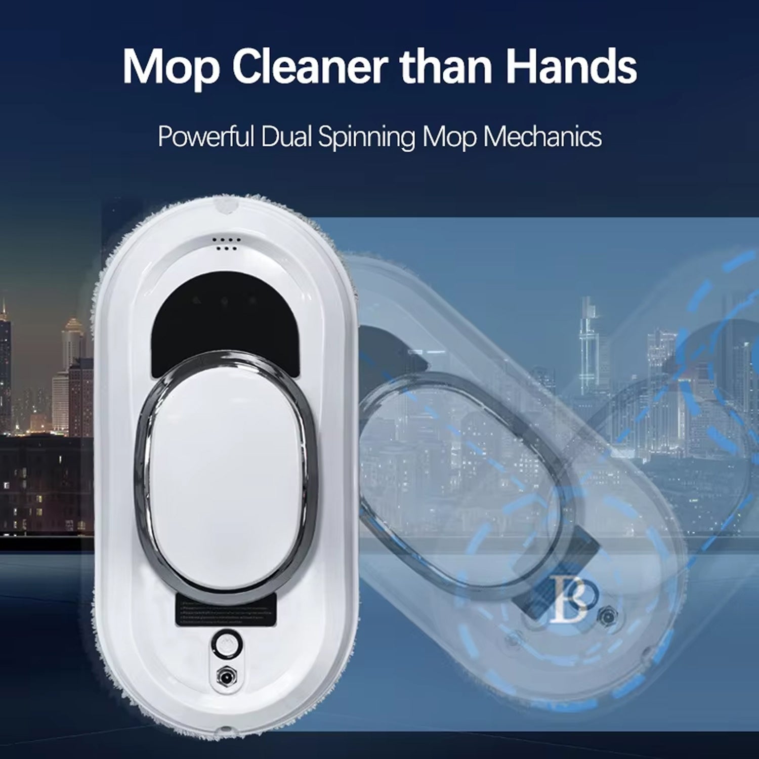 Mop RelleBont Robot Window Cleaner with cityscape background and text about powerful dual spinning mop mechanics.