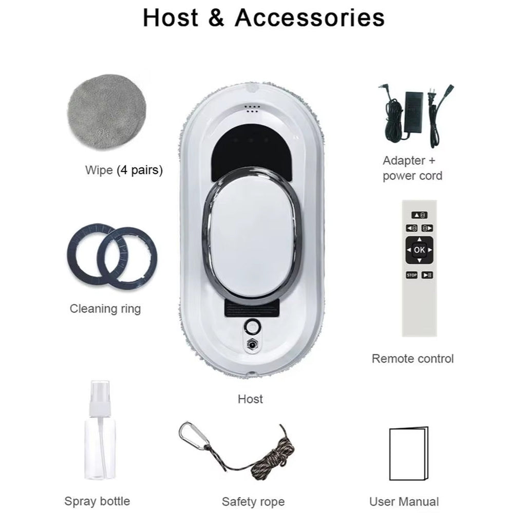 List of host and RelleBont Robot Window Cleaner including a host, cleaning ring, adapter, power cord, remote control, spray bottle, safety rope, and user manual on a white background.