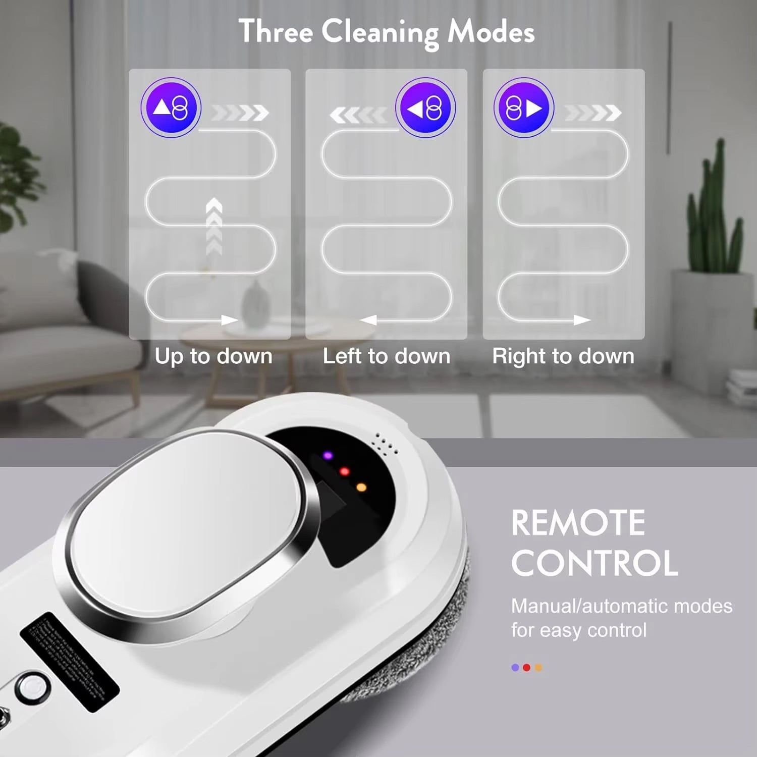 RelleBont Robot Window Cleaner with cleaning mode illustrations and remote control features.