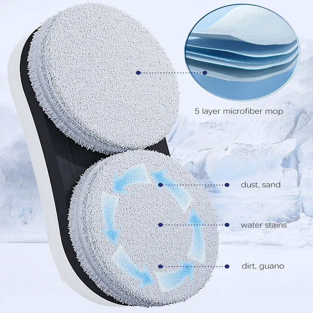 Two microfiber mops with a close-up of the microfiber texture and cleaning capabilities on a snowy background.