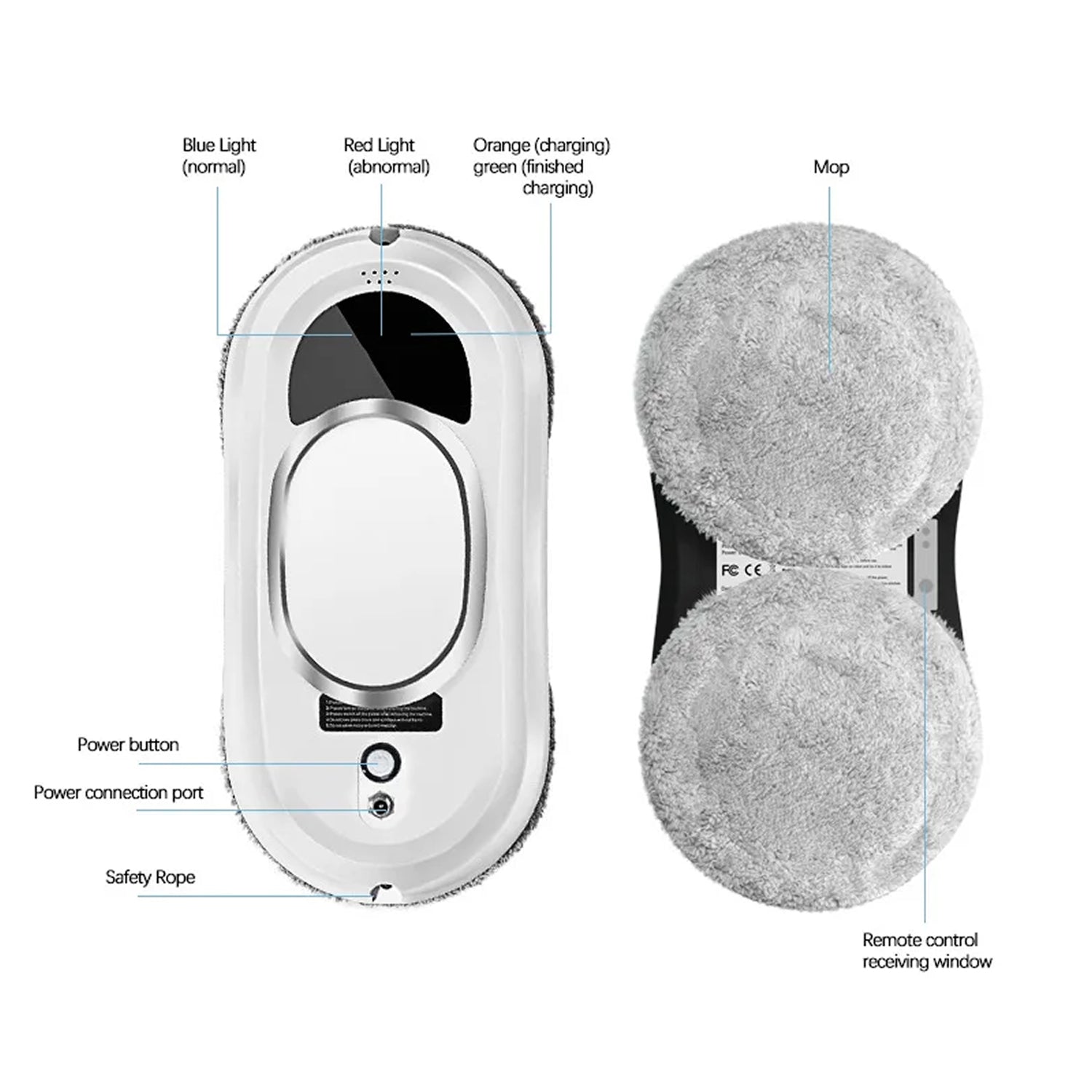Diagram of a RelleBont Robot Window Cleaner with labeled parts on a white background