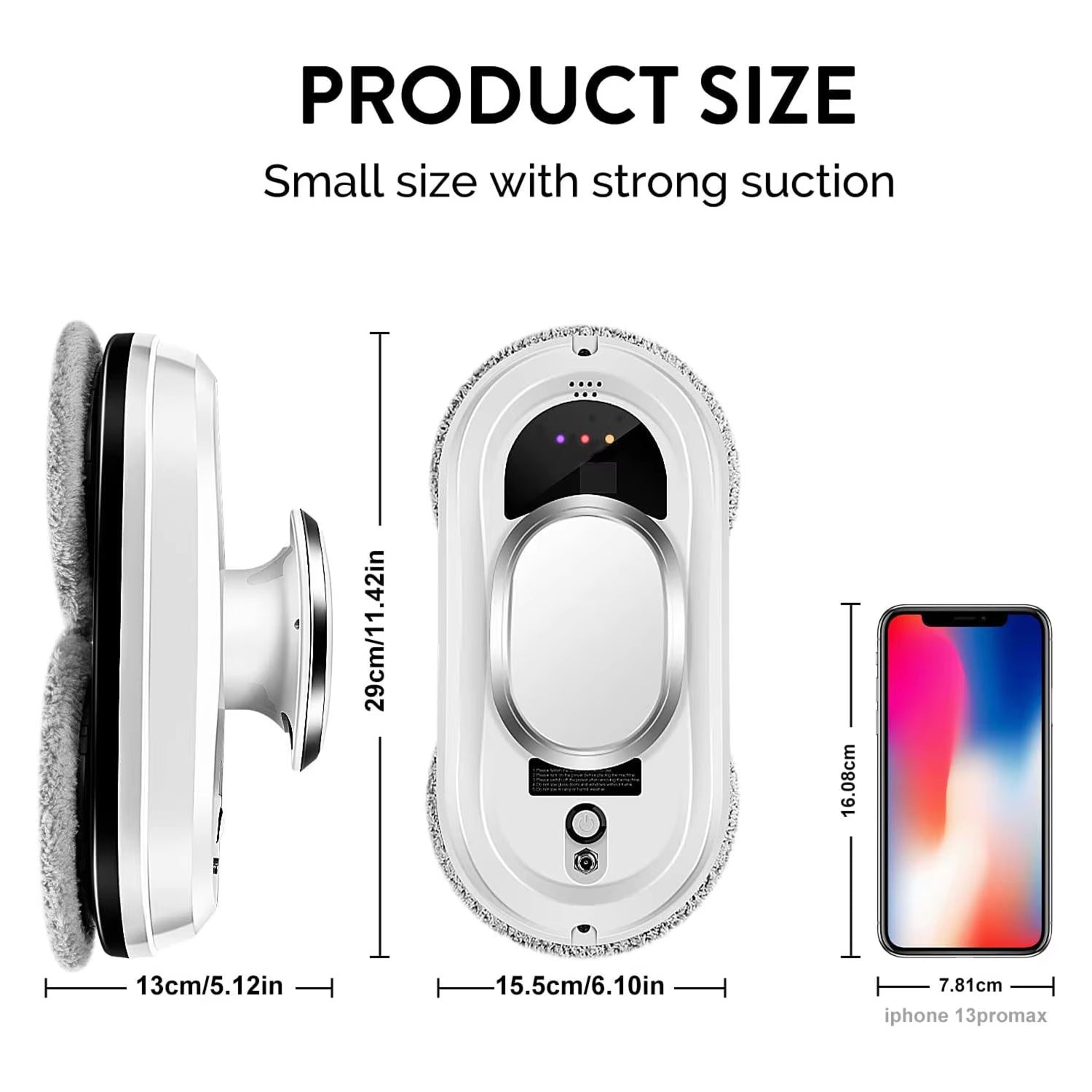 RelleBont Robot Window Cleaner size comparison with a smartphone showing small size and strong suction.