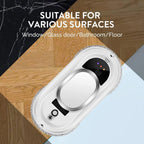 RelleBont Robot Window Cleaner with text indicating suitability for various surfaces on a wooden and marble background