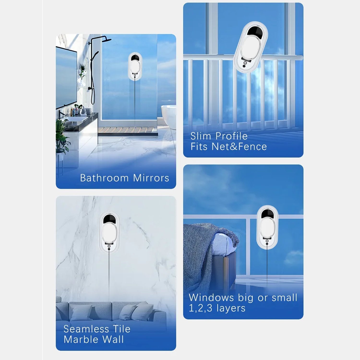 RelleBont Robot Window Cleaner packaging with images of bathroom mirrors and text describing features.