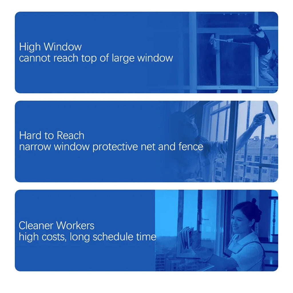 Three blue bars with text about RelleBont Robot Window Cleaner challenges and solutions.