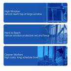 Three blue bars with text about RelleBont Robot Window Cleaner challenges and solutions.