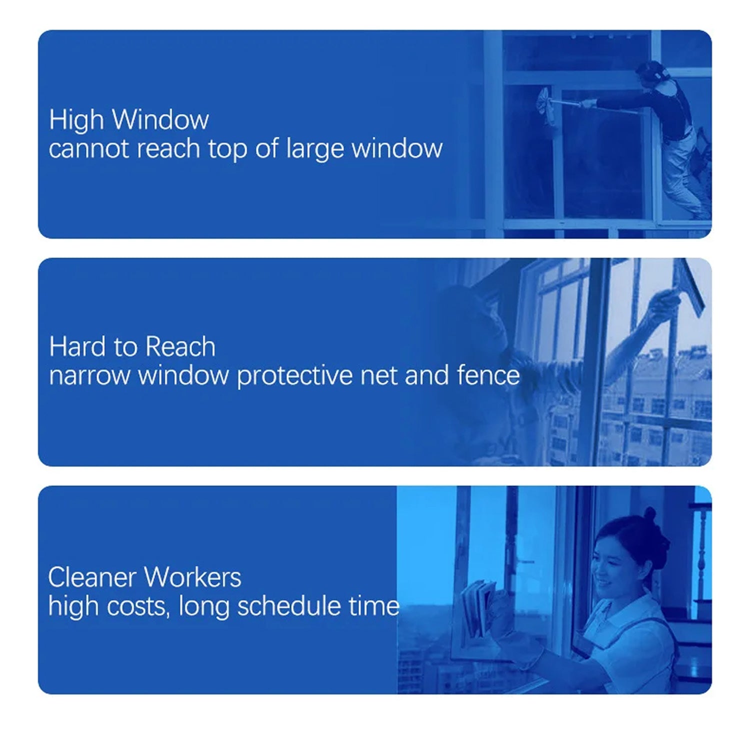 Three blue bars with text about RelleBont Robot Window Cleaner challenges and solutions.