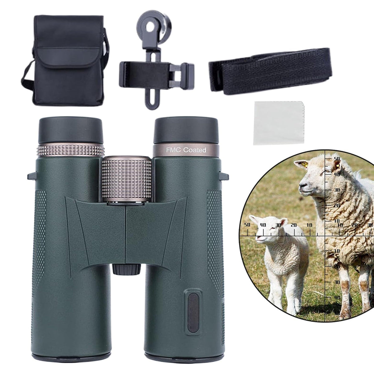 SawCleri Compact Binocular with accessories and a inset showing a sheep and lamb.