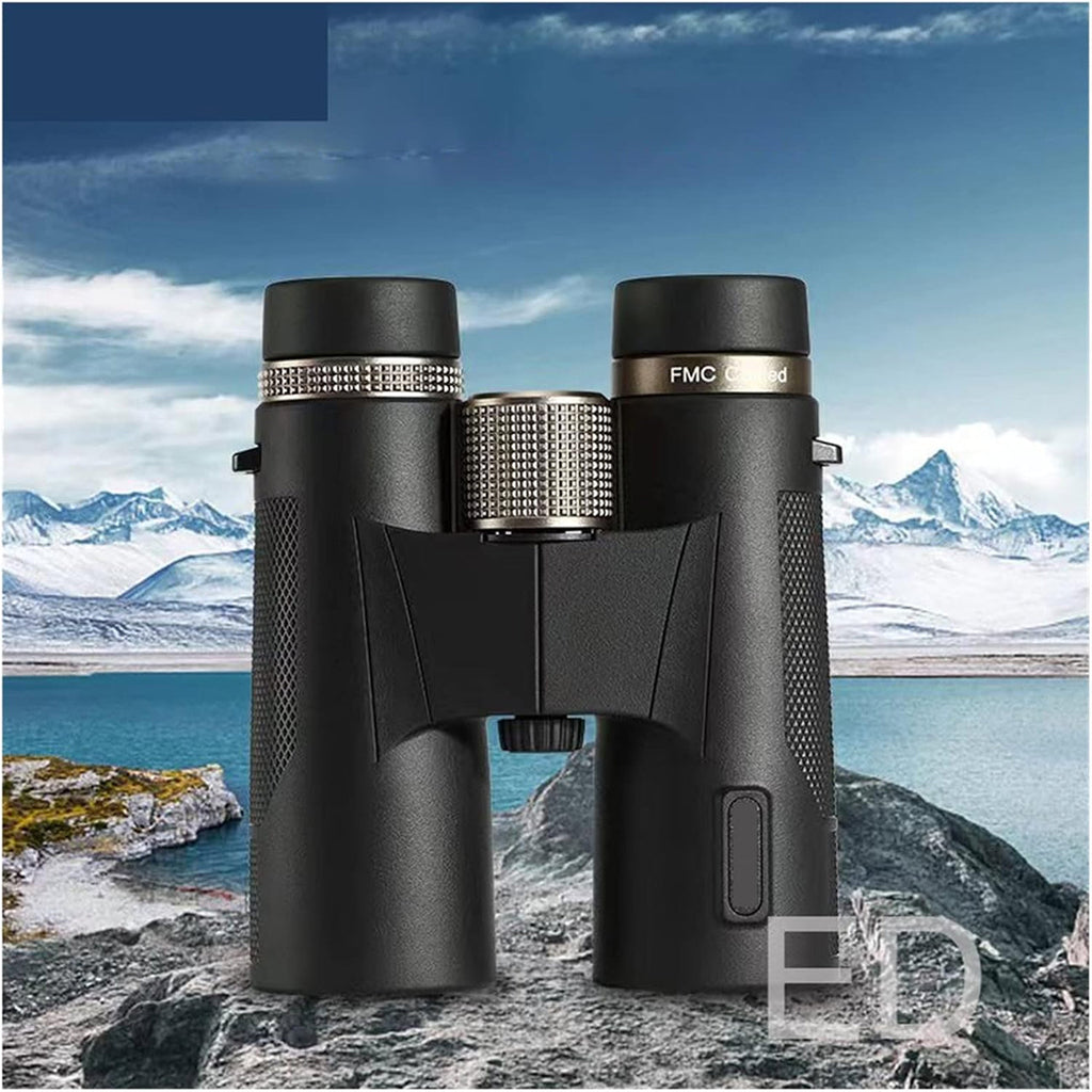 Black SawCleri Compact Binoculars with 'FMC' branding against a mountainous landscape background