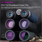 Stack of SawCleri Compact Binoculars with FMC Full Broadband Green Film on lenses against a dark background