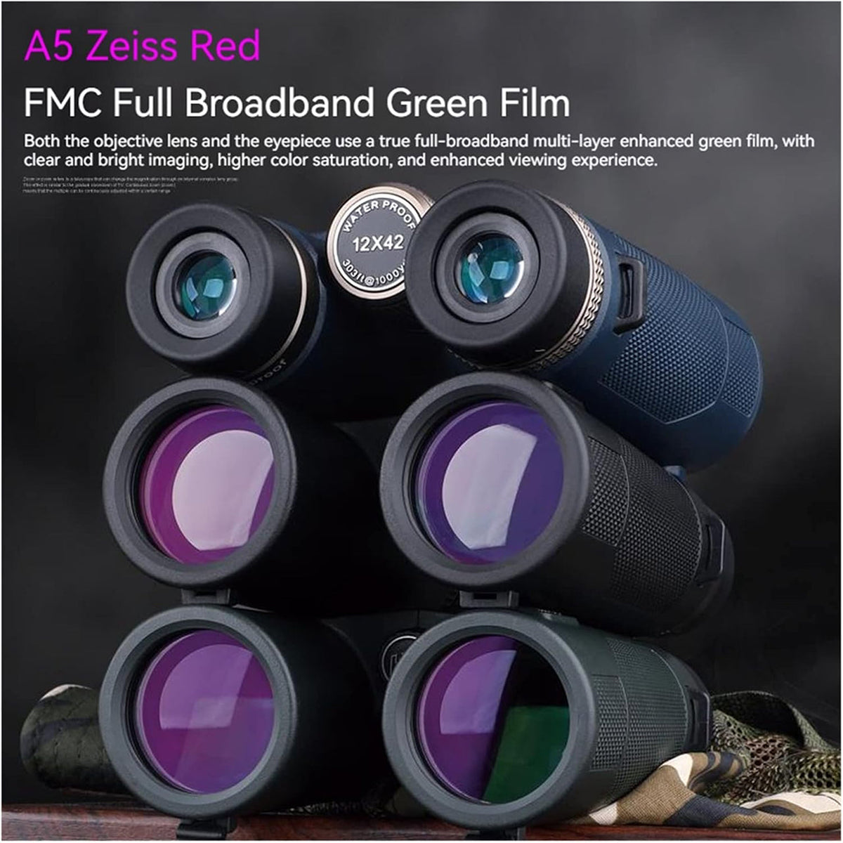 Stack of SawCleri Compact Binoculars with FMC Full Broadband Green Film on lenses against a dark background