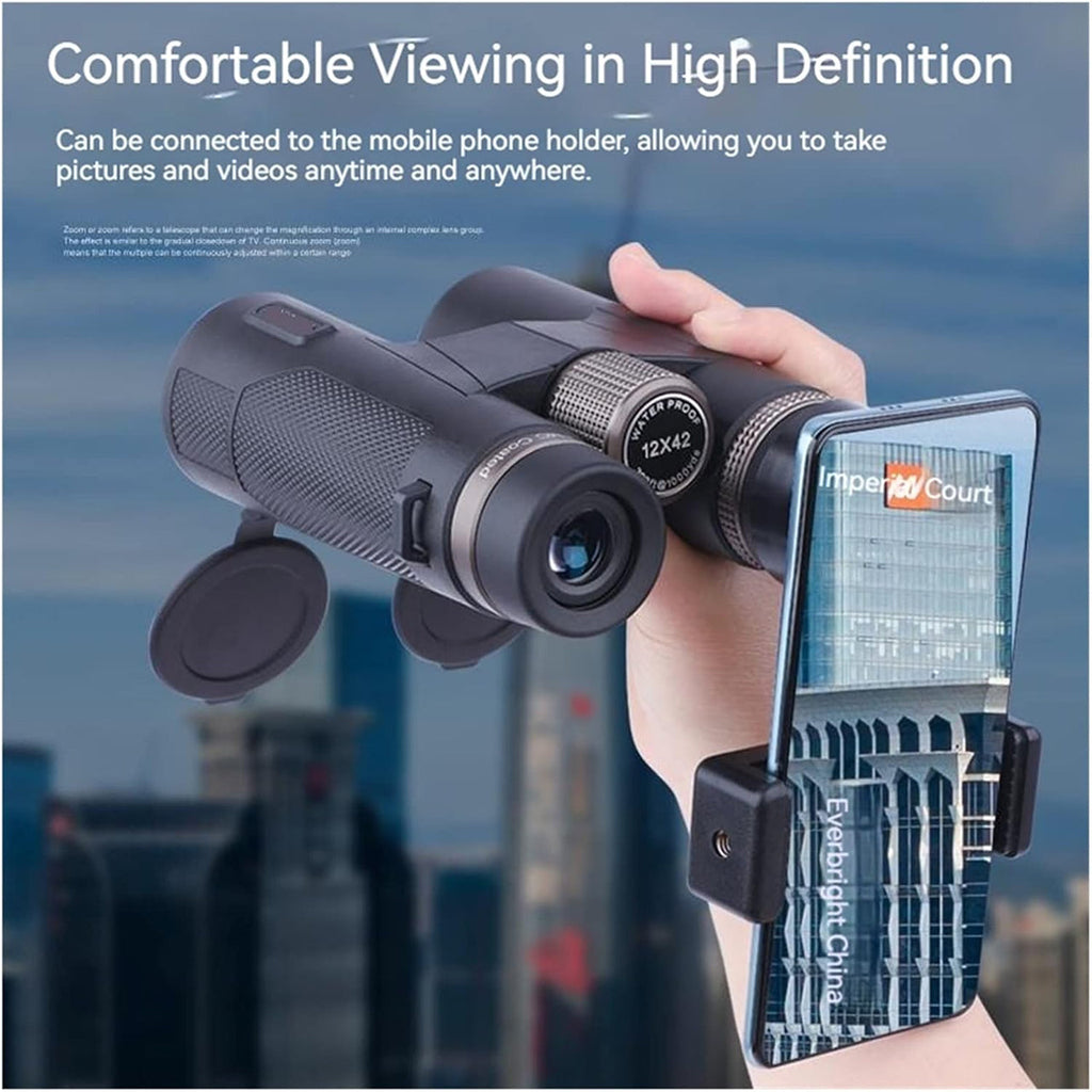 Hand holding SawCleri Compact Binoculars with a smartphone attached, against a cityscape background.