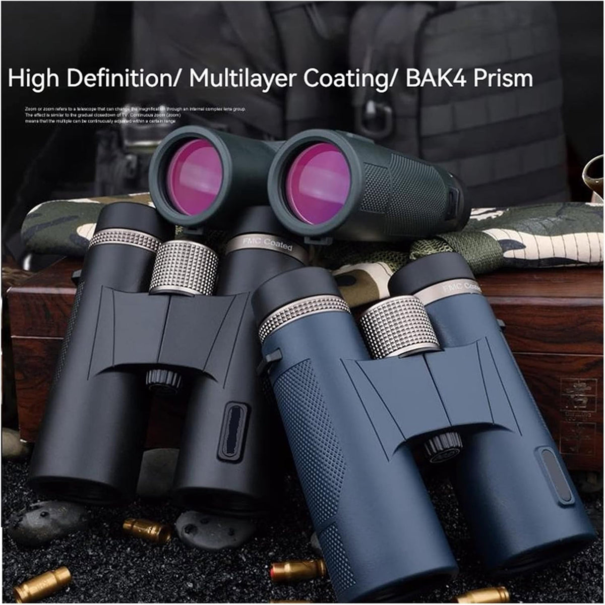Two pairs of SawCleri Compact Binoculars with high definition and multilayer coating features on a dark background.