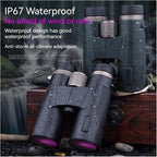Waterproof SawCleri Compact Binoculars with text highlighting their IP67 rating and weather resistance, set against a natural background.