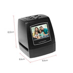 Black ScanArci Film Scanner with a display showing a family photo, dimensions indicated on a white background.