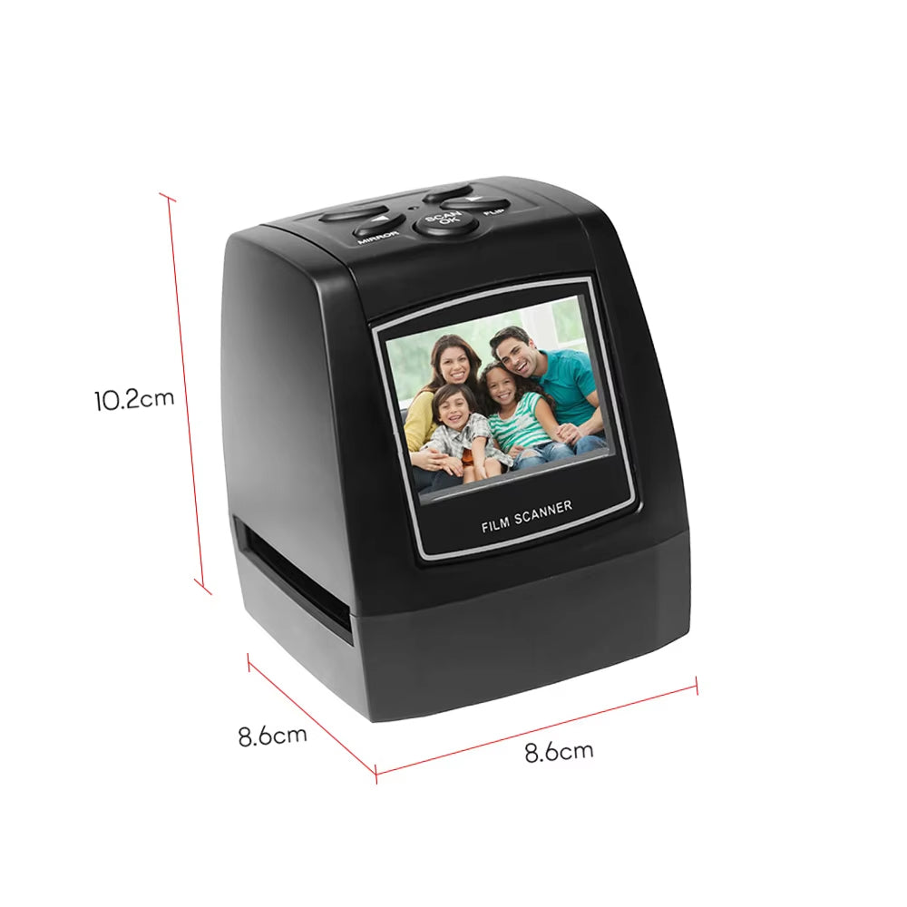 Black ScanArci Film Scanner with a display showing a family photo, dimensions indicated on a white background.