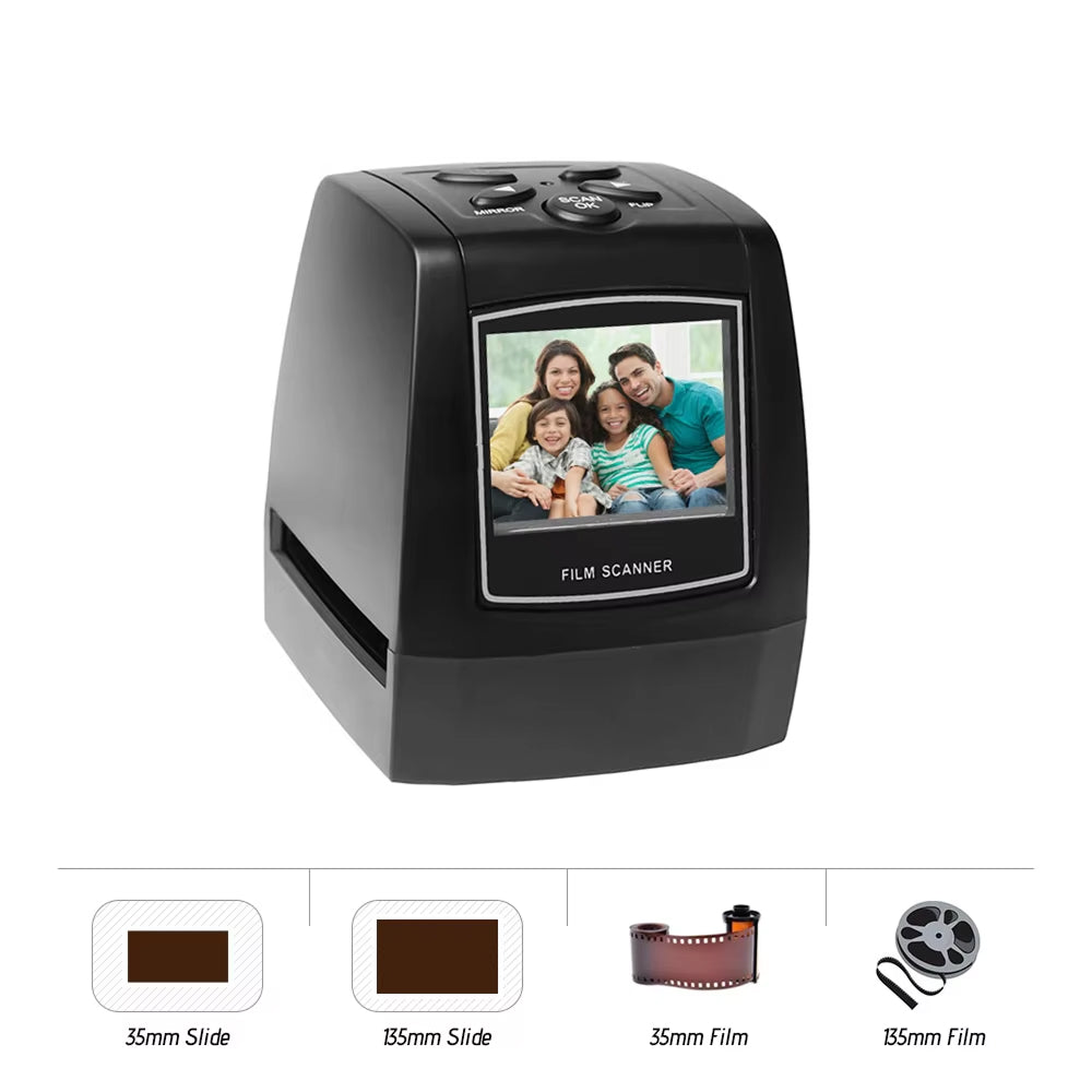 ScanArci Film Scanner with screen displaying a family photo, surrounded by film types on a white background.
