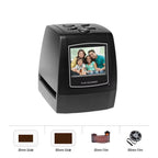 ScanArci Film Scanner with screen displaying a family photo, surrounded by film types on a white background.