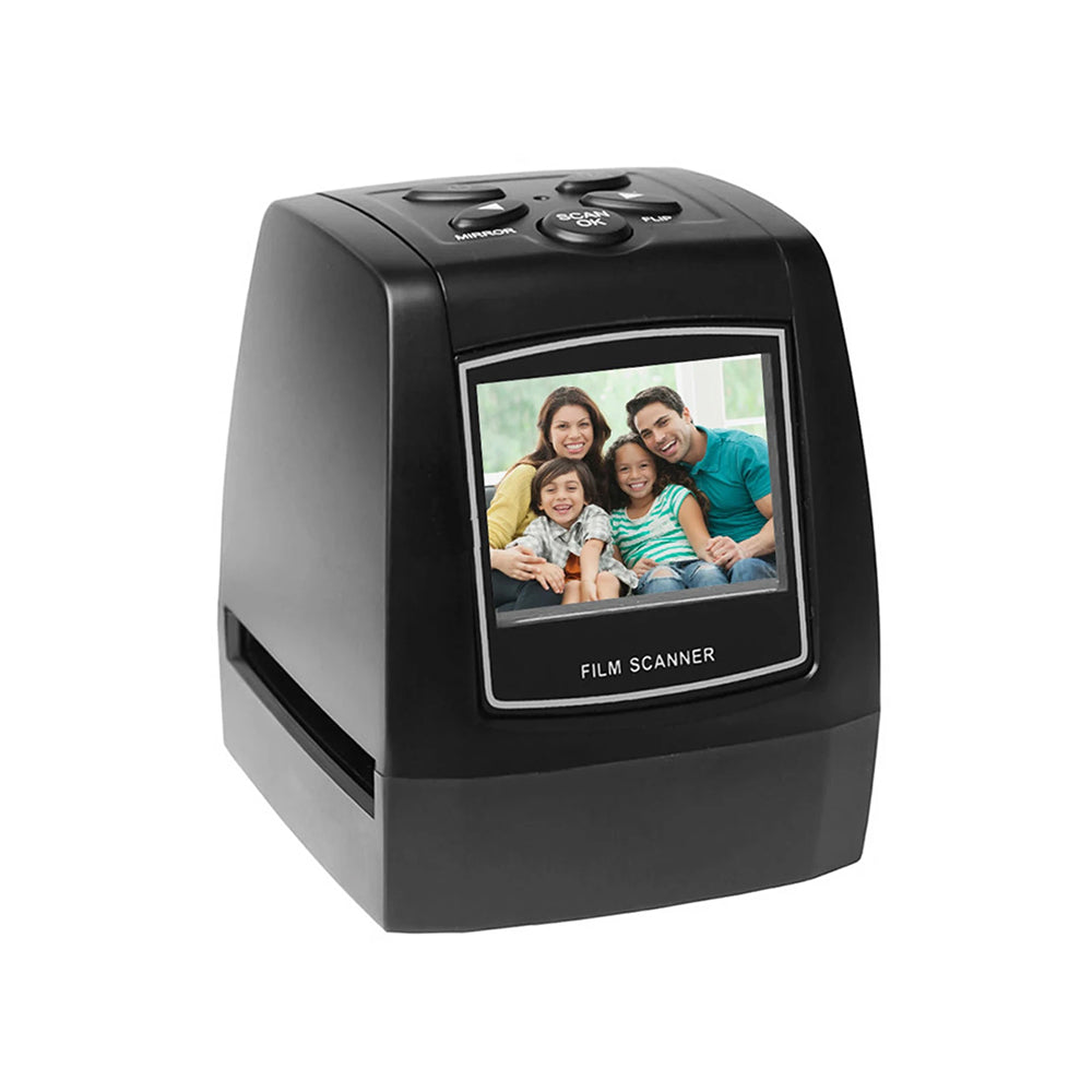 Black ScanArci Film Scanner with a display showing a family photo on a white background