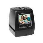 Black ScanArci Film Scanner with a display showing a family photo on a white background