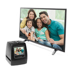 ScanArci Film Scanner displaying a family photo with a film scanner below on a white background