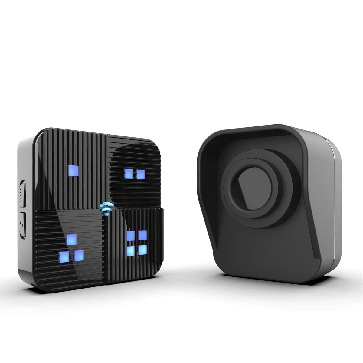 Two small SeniWav Driveway Sensor devices on a clean white background: one black device with blue illuminated window-like indicators and a small blue signal icon, and one dark gray square device with a circular lens or sensor on the front.
