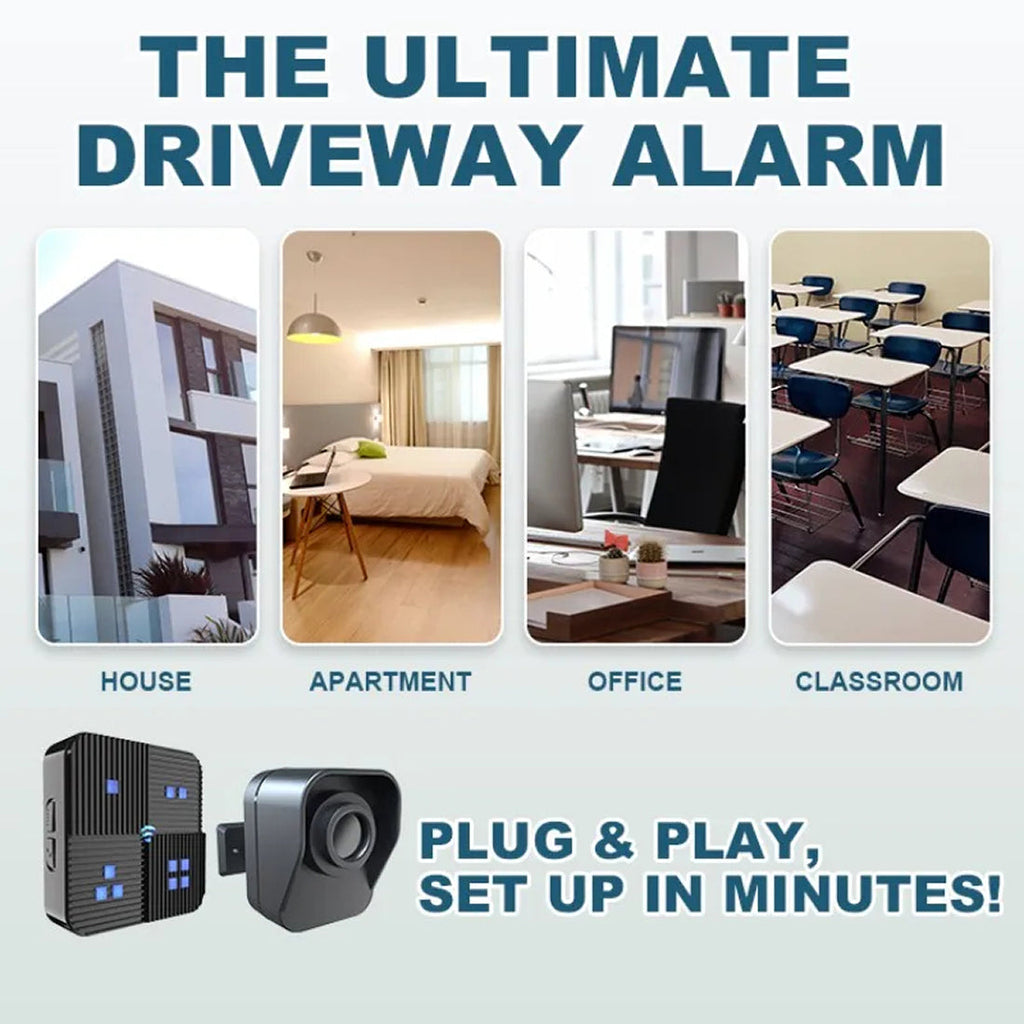Advertisement for a driveway SeniWav Driveway Sensor with images of a house, apartment, office, and classroom, and text highlighting features like 'plug & play' and 'set up in minutes'.