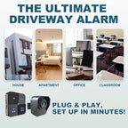 Advertisement for a driveway SeniWav Driveway Sensor with images of a house, apartment, office, and classroom, and text highlighting features like 'plug & play' and 'set up in minutes'.