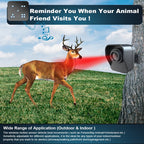 SeniWav Driveway Sensor attached to a tree with a deer in the foreground, promoting a product that reminds when animal friends visit.