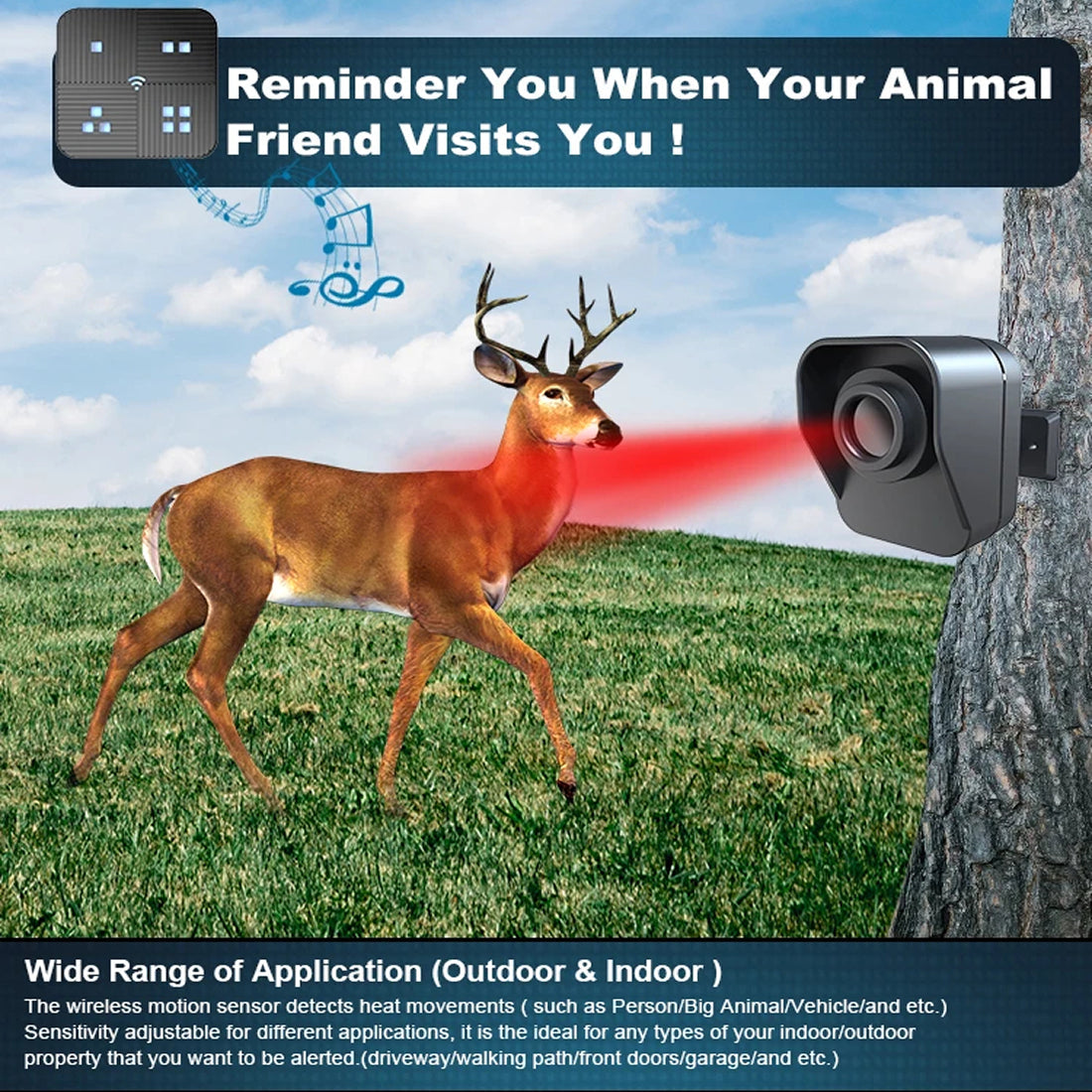 SeniWav Driveway Sensor attached to a tree with a deer in the foreground, promoting a product that reminds when animal friends visit.