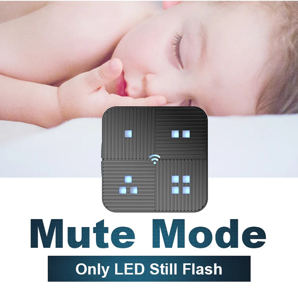 Baby sleeping with a SeniWav Driveway Sensor labeled 'Mute Mode' on a white background