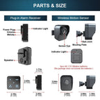 Diagram of parts and size for plug-in SeniWav Driveway Sensor and wireless motion sensor with labeled components and dimensions.