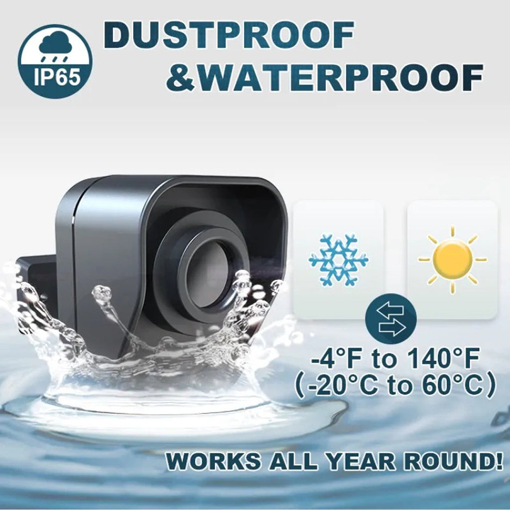 Dustproof and waterproof SeniWav Driveway Sensor with temperature range indicator on a light gray background