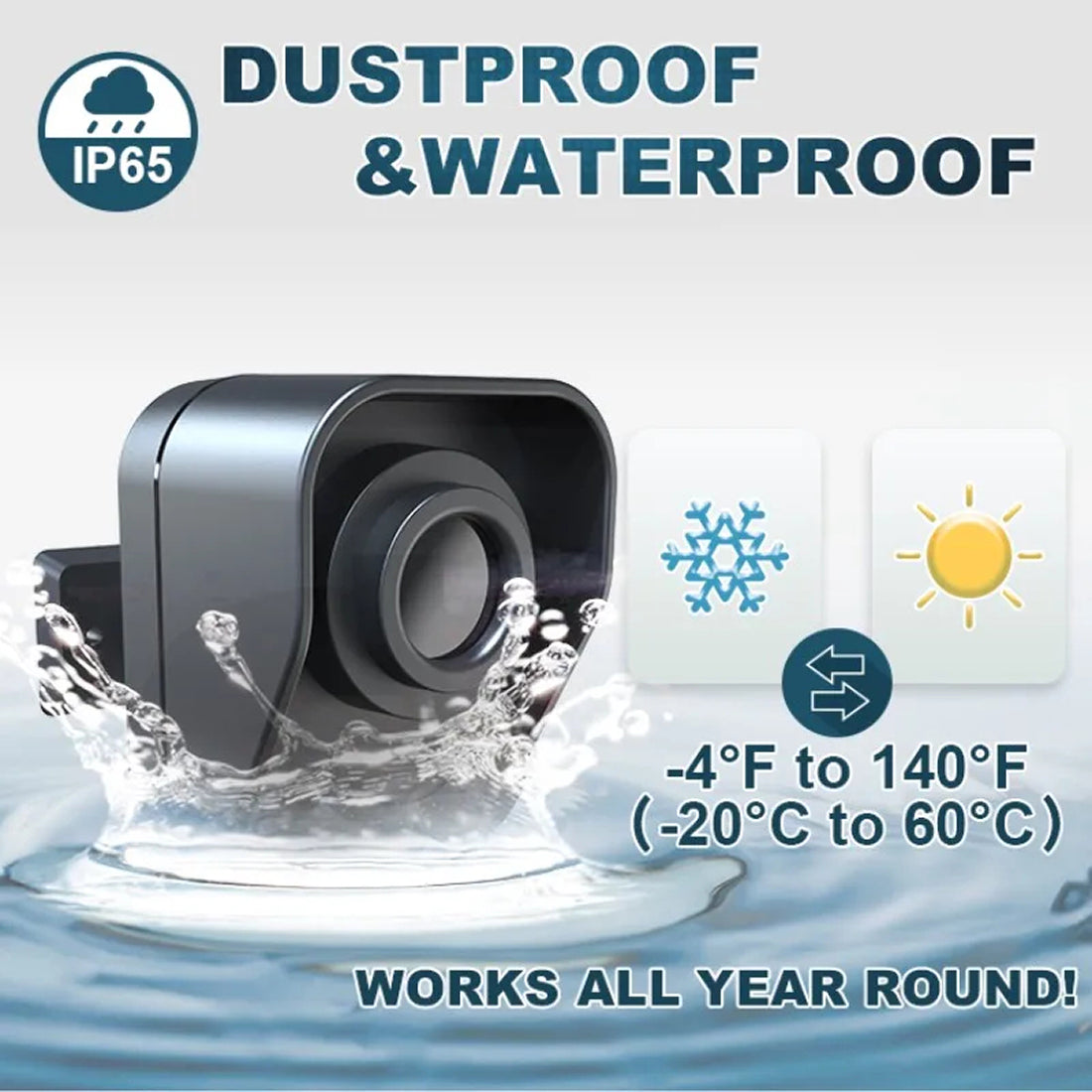 Dustproof and waterproof SeniWav Driveway Sensor with temperature range indicator on a light gray background