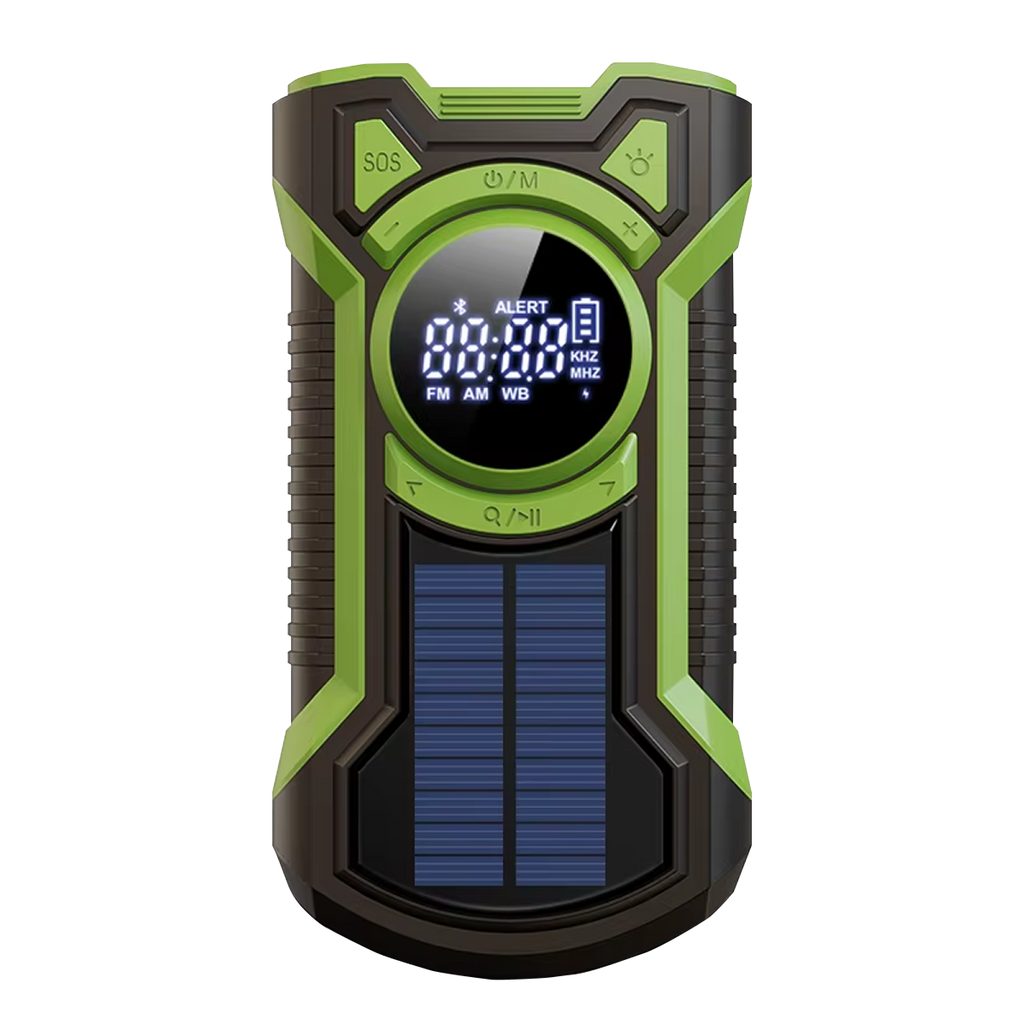 Green and black SirexPing Wind Up Radio device with digital display on a white background