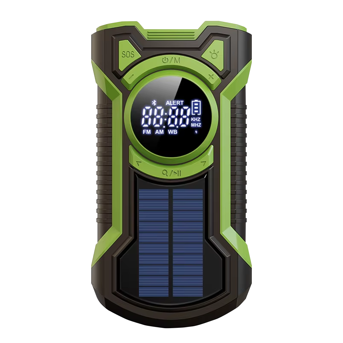 Green and black SirexPing Wind Up Radio device with digital display on a white background