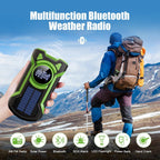 Multifunction Bluetooth weather radio held by a person with a hiker in the background
