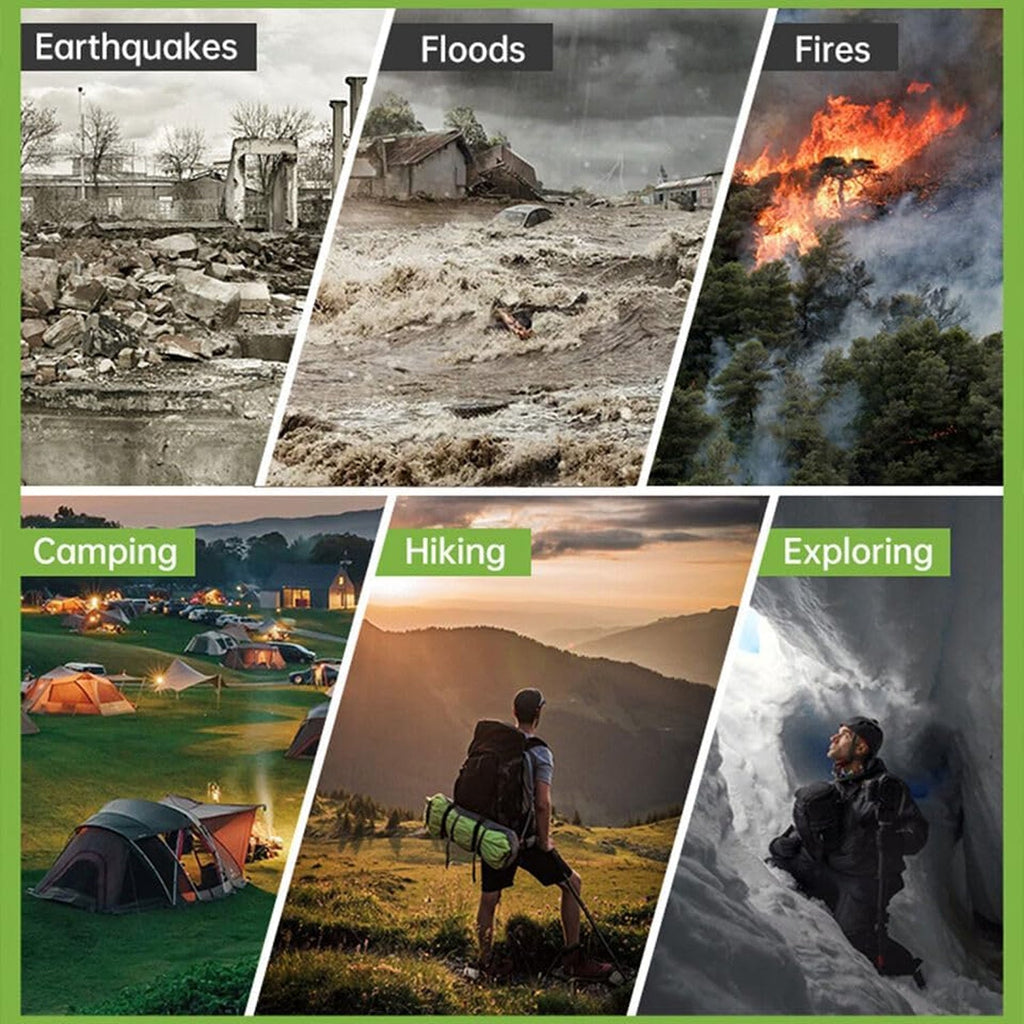 Collage of images showing effects of natural disasters, camping, hiking, and exploring.