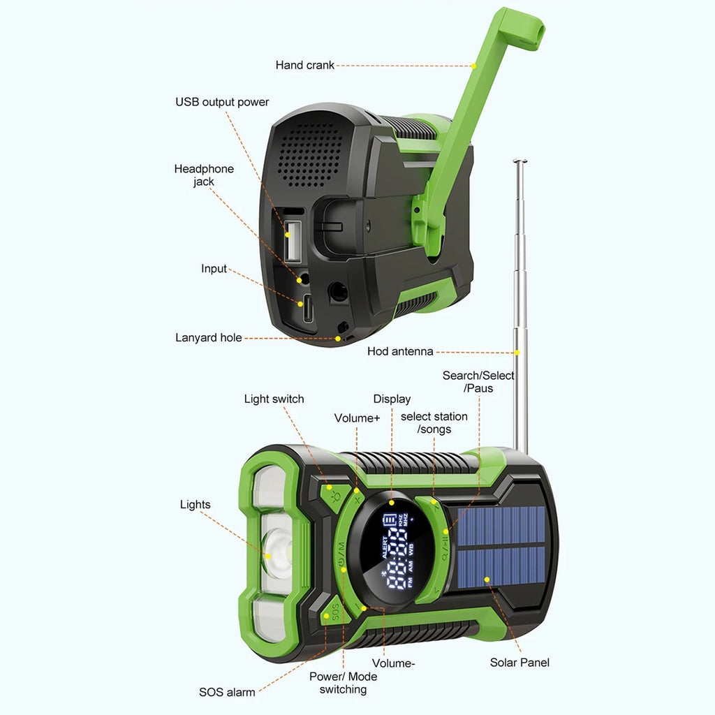 Green and black SirexPing Wind Up Radio with labeled features on a white background