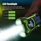 LED flashlight with green casing and digital display, held by a hand with dark background