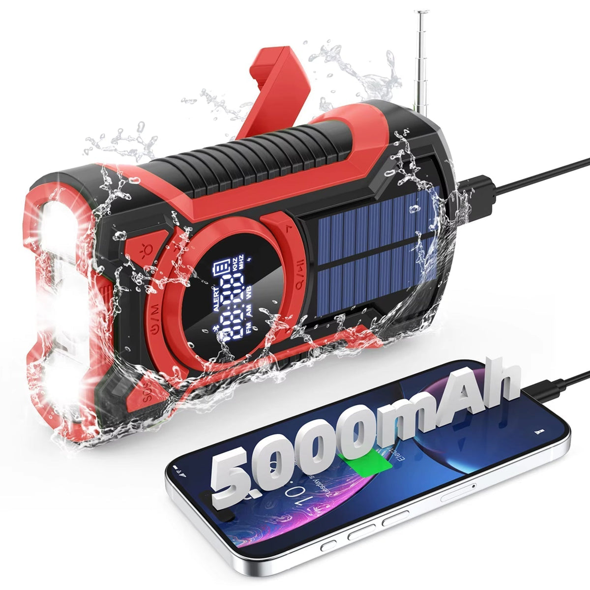 Red and black SirexPing Wind Up Radio with solar panel and smartphone displaying 5000mAh, surrounded by water droplets.