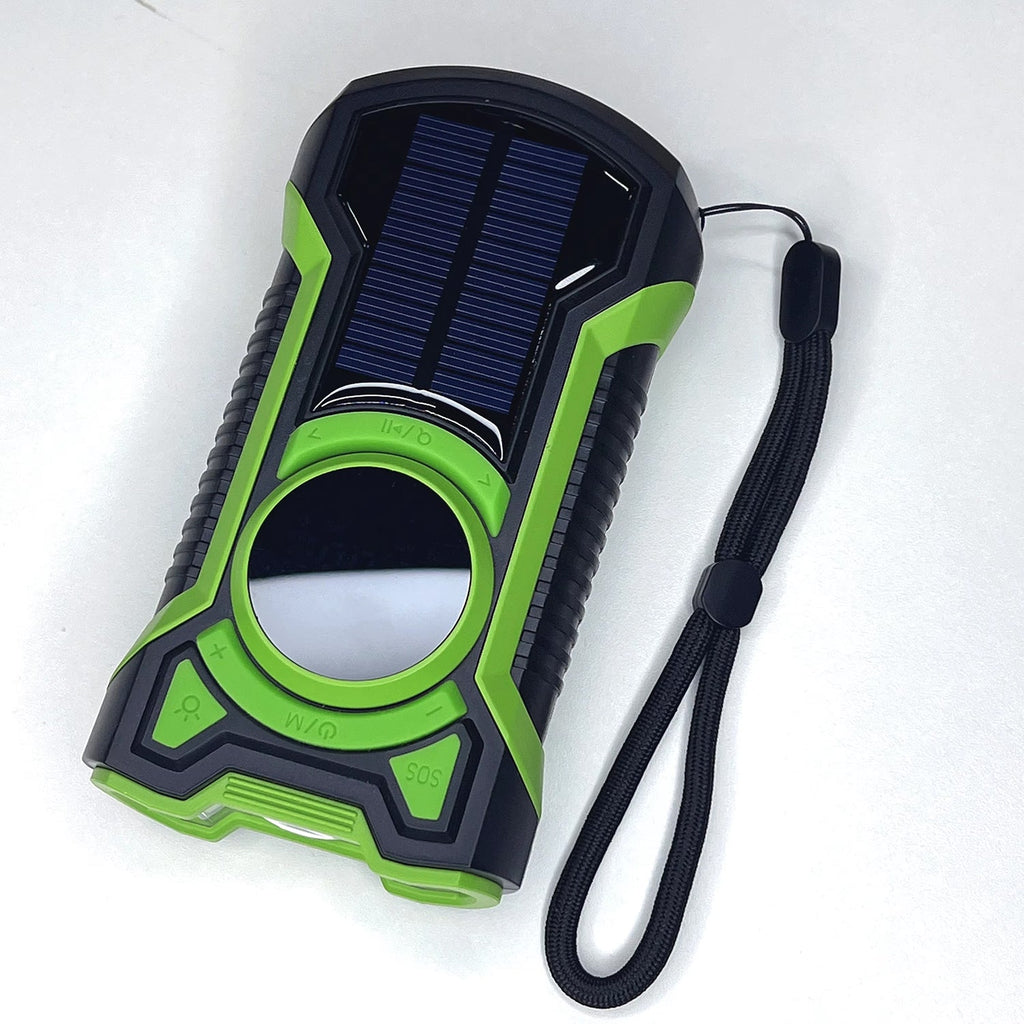 Green and black SirexPing Wind Up Radio device with a strap on a white background