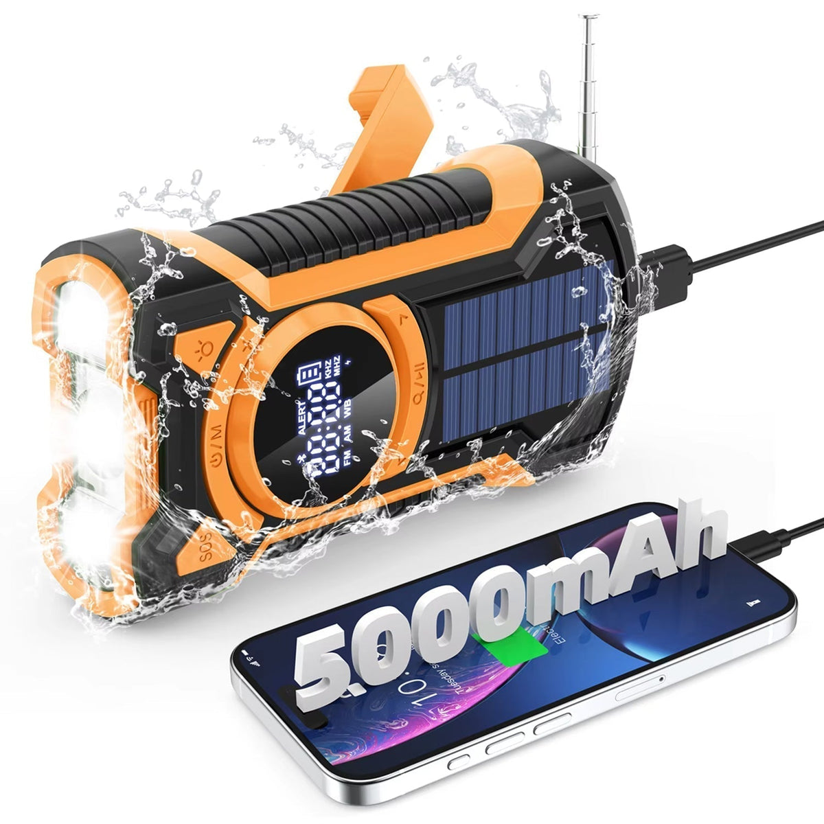 sirexping Portable power station with solar panel and smartphone showing 5000mAh, surrounded by water droplets.