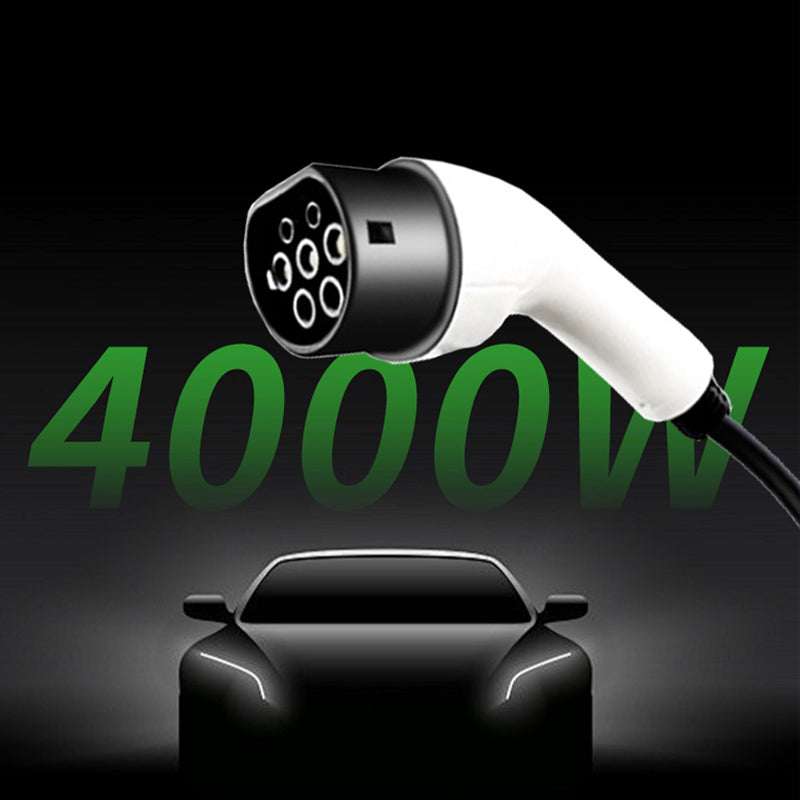 A high-power electric vehicle charging connector shown above a black car silhouette with large green '4000W' text on a dark background.