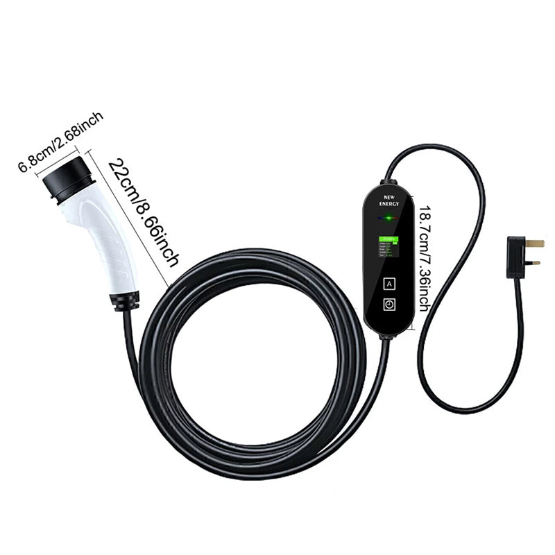 SnapVLT Portable EV Charger for Type 2 Cars with a black coiled cord, white connector head, black control module with green display, and UK three-pin plug, shown on a white background with dimension labels.