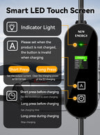 A product feature diagram for a smart LED touch screen SnapVLT Portable EV Charger for Type 2 Cars, showing a black cylindrical charger unit with a colorful charging display and explanatory text blocks detailing touch screen functions like indicator light, short press, and long press.