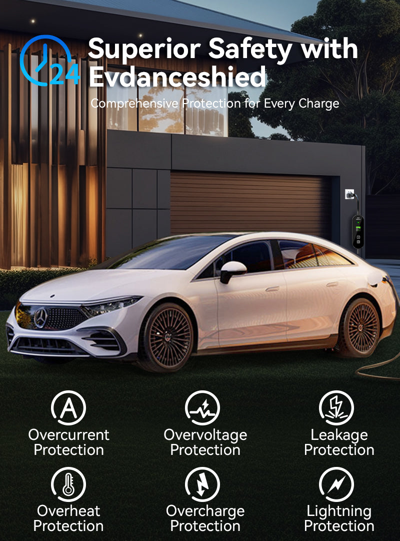 A white Mercedes-Benz electric sedan parked outdoors in front of a modern house, with promotional text reading 'Superior Safety with Edvanceshed' and feature icons for overcurrent, overvoltage, leakage, overheating, overcharge, and lightning protection.